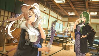 4girls animal_ears arknights artist_name bath_yukata black_hairband blonde_hair blue_hair bottle breasts cat ch&#039;en_(arknights) dragon_girl dragon_horns dragon_tail drill_hair drill_sidelocks electric_fan green_hair gy1966 hairband holding holding_bottle horns hoshiguma_(arknights) japanese_clothes kimono lin_(arknights) long_hair looking_at_viewer mouse_ears mouse_girl mouse_tail multiple_girls oni paddle pink_hair purple_eyes ryokan sidelocks single_horn skin-covered_horns swire_(arknights) table_tennis table_tennis_paddle tail tiger_ears tiger_girl tiger_tail towel towel_around_neck vending_machine yellow_eyes yukata