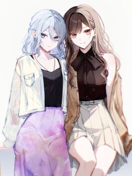 Rule 34 | 2girls, arm support, black bow, black bowtie, black shirt, blue eyes, blurry, bow, bowtie, breast pocket, brown cardigan, brown eyes, brown hair, cardigan, collarbone, collared shirt, commentary, cowboy shot, depth of field, earrings, expressionless, flower earrings, hair between eyes, half crown braid, highres, jacket, jewelry, long hair, long sidelocks, long skirt, long sleeves, looking at viewer, medium hair, miniskirt, multiple girls, necklace, official alternate costume, open cardigan, open clothes, open jacket, parted bangs, pocket, project sekai, purple skirt, see-through clothes, see-through sleeves, shinonome ena, shirt, side-by-side, sidelocks, simple background, single bare shoulder, sitting, skirt, spaghetti strap, split mouth, thighs, untranslatable commentary, white hair, white jacket, yamaki kai, yellow skirt, yoisaki kanade, zozotown