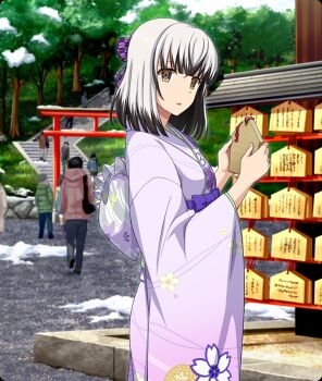 2boys 3girls 5others black_hair bow brown_eyes colored_tips cowboy_shot day dot_nose ema floral_print floral_print_kimono from_side game_cg grey_hair hair_bow holding_ema japanese_clothes kimono looking_at_viewer looking_to_the_side multicolored_hair multiple_boys multiple_girls multiple_others new_year obi official_art outdoors parted_lips print_kimono purple_bow purple_kimono purple_sash sash satsuki_yomi solo_focus stairs stone_stairs third-party_source toji_no_miko toji_no_miko:_kizamishi_issen_no_tomoshibi torii wide_sleeves yagasuri