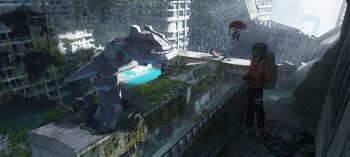 1girl absurdres animal animal_on_head asteroid_ill backpack bag bird bird_on_head city commentary_request day gen_1_pokemon gen_2_pokemon gen_3_pokemon gen_8_pokemon giant highres huge_filesize jacket long_hair moss nidoking nidorina nintendo on_head orange_jacket orbeetle outdoors pants pokemon pokemon_(creature) ponytail red_eyes ruins shoes sideways_glance standing steelix taillow teeth window