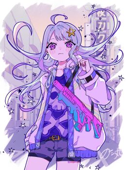 1girl ahoge artist_name blue_shirt blush_stickers closed_mouth commentary_request cowboy_shot floating_hair grey_shorts gun hand_up highres jacket long_hair long_sleeves looking_at_viewer notamaru_2 open_clothes open_jacket original outdoors print_shirt purple_eyes purple_hair shirt shorts skull_and_crossbones solo weapon white_jacket