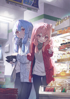 2girls black_pants blue_hair blush closed_mouth coat convenience_store fang food grey_scarf hair_between_eyes highres kotonoha_akane kotonoha_aoi long_hair long_sleeves multiple_girls noise one_side_up open_clothes open_coat open_mouth orange_eyes pants pink_hair pointing pudding red_coat scarf shop siblings sisters slice_of_life sweater twins voiceroid white_coat white_sweater yamamomo_(plank)