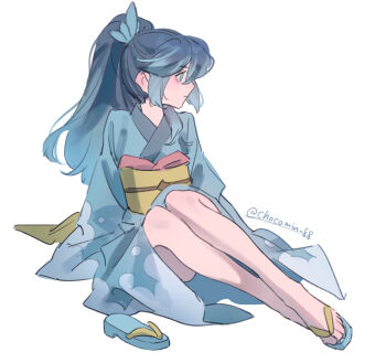 1girl artist_name blue_eyes blue_hair blue_kimono blue_sandals chocomin_88 commentary_request fubukihime highres japanese_clothes kimono long_hair looking_to_the_side sandals simple_background sitting solo unworn_sandals white_background youkai_(youkai_watch) youkai_watch