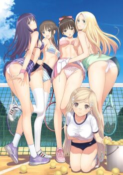 00s 5girls :d ass ball bare_shoulders blonde_hair blue_sky bow bow_panties bra breast_press breasts brown_eyes brown_hair bucket buruma clothes_lift cloud collarbone date_wingfield_reiko day fault!! female_focus flower frilled_panties frills from_below full_body glasses green_eyes gym_uniform hair_flower hair_ornament hayama_rika kamiwazumi_maya kneeling long_hair long_legs looking_at_viewer looking_back midriff multiple_girls navel no_socks open_mouth outdoors panties pink_bra pink_panties plaid_bra plaid_clothes plaid_skirt purple_bra purple_eyes purple_hair racket saeki_ai sample_watermark shirt side-tie_panties sideboob skirt skirt_lift sky small_breasts smile standing striped_bra striped_clothes striped_panties sugiyama_mio taut_clothes taut_shirt tennis_ball tennis_net tennis_racket tony_taka topless_female twintails underwear watermark white_legwear white_panties wristband