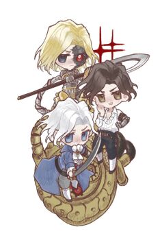 3boys androgynous artificial_eye black_hair blonde_hair blue_coat blue_eyes chibi closed_mouth coat dual_persona freckles hashtag-only_commentary holding holding_scythe holding_sword holding_weapon lies_of_p lies_of_p:_overture mechanical_arms mechanical_eye mechanical_heart motimoti0144 multiple_boys multiple_views pinocchio_(lies_of_p) prosthesis prosthetic_arm red_eyes romeo_(lies_of_p) romeo_king_of_puppets scythe shirt simple_background single_mechanical_arm single_mechanical_eye sparkle sword v-shaped_eyebrows weapon white_background white_hair white_shirt