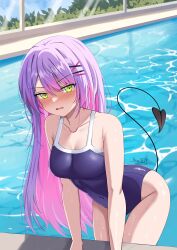 Rule 34 | 1girl, absurdres, alternate costume, blue one-piece swimsuit, blush, breasts, colored inner hair, covered navel, demon girl, demon tail, green eyes, hair ornament, hairpin, highres, hololive, iris angel12xii, looking at viewer, medium breasts, multicolored hair, one-piece swimsuit, open mouth, pink hair, pool, purple hair, solo, swimsuit, tail, tokoyami towa, virtual youtuber, water, x hair ornament