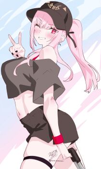 1girl absurdres alternate_costume black_hat black_shorts breasts cleavage commentary english_commentary grey_shirt hat highres holding holding_suitcase hololive hololive_english kamiya_maneki large_breasts long_hair looking_at_viewer midriff mori_calliope one_eye_closed pink_eyes pink_hair red_eyes rolling_suitcase shirt shorts smile solo suitcase twitter_username vacation virtual_youtuber