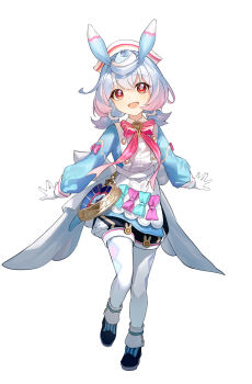 1girl absurdres antennae apron aqua_bow aqua_hair aqua_shirt black_shorts bow commentary_request full_body genshin_impact gloves gradient_hair hair_between_eyes hat highres long_sleeves multicolored_hair nurse nurse_cap ohh_sehh open_mouth pantyhose pink_bow pink_hair shirt short_twintails shorts sigewinne_(genshin_impact) simple_background smile twintails white_apron white_background white_gloves white_pantyhose