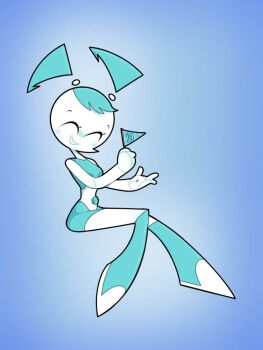 1girl android blue_hair blue_skirt blue_tank_top boots closed_eyes colored_skin jenny_wakeman joints metal_skin my_life_as_a_teenage_robot newboyant nickelodeon robot robot_girl robot_joints screw skirt tank_top twintails white_skin