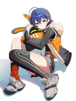 Rule 34 | 1girl, absurdres, belle (zenless zone zero), black shirt, black thighhighs, blue hair, closed mouth, commentary request, dot mouth, eous (zenless zone zero), fingerless gloves, gloves, green eyes, grey shoes, grey shorts, hair ornament, highres, hug, letter hair ornament, looking at viewer, melreon, orange gloves, shadow, shirt, shoes, short hair, shorts, single fingerless glove, single thighhigh, sitting, sleeveless, sleeveless jacket, solo, thighhighs, white background, zenless zone zero