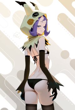 Rule 34 | 1girl, absurdres, acerola (fall 2020) (pokemon), acerola (pokemon), ass, bikini, black bikini, black gloves, black thighhighs, elbow gloves, flat chest, from behind, gen 7 pokemon, gloves, highres, hood, hood up, looking back, mimikyu, nintendo, otokakoto, pokemon, pokemon masters ex, purple hair, solo, swimsuit, thighhighs