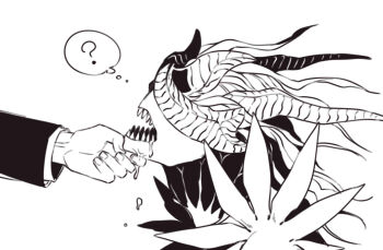 2boys ? commentary_request drooling grabbing_another's_chin hand_on_another's_chin horns lin_yue long_hair male_focus monster_boy multiple_boys open_mouth original sharp_teeth simple_background solo speech_bubble teeth thought_bubble upper_body white_background