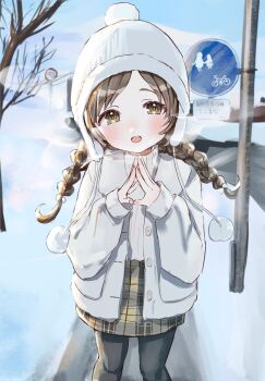 1girl bare_tree beanie black_pantyhose blue_sky braid braided_twintails breath brown_eyes brown_hair cloud coat commentary_request day earflap_beanie feet_out_of_frame gakuen_idolmaster green_skirt hair_bobbles hair_ornament hands_up hat highres idolmaster kuramoto_china long_sleeves looking_at_viewer maruno_zzz miniskirt open_clothes open_coat open_mouth own_hands_together pantyhose parted_bangs plaid_clothes plaid_skirt pom_pom_(clothes) pom_pom_hat_ornament ribbed_sweater road road_sign sign skirt sky snow solo standing steepled_fingers sweater tree twin_braids twintails unbuttoned white_coat white_hat white_sweater winter