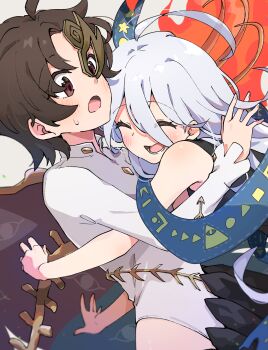 2girls ahoge asymmetrical_wings bare_shoulders blush brown_eyes brown_hair brown_wings buttons diamond_button dress eye_of_providence fiery_wings half_mask happy highres hug iwanaga_ariya lower_teeth_only mask multiple_girls open_mouth ribbon_around_body short_hair skeletal_wings sleeveless surprise_hug surprised sweat take_no_ko_(4919400) teeth touhou white_dress white_hair wings yuiman_asama yuri