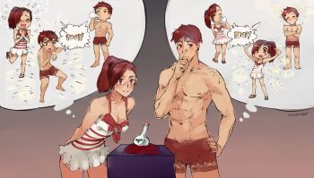 10s 1boy 1girl :d ^_^ age_regression aged_down bad_id bad_pixiv_id blush breasts brown_eyes brown_hair cleavage closed_eyes dress earrings facial_tattoo final_fantasy final_fantasy_xiv hyur imagining jewelry josalyn_visenad kenshin187 loli male_swimwear muscular muscular_male open_mouth ponytail potion red_hair red_male_swimwear red_swim_trunks sandals shota smile swim_trunks swimsuit tattoo topless_male warrior_of_light_(ff14)