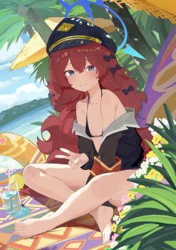 1girl absurdres alternate_costume armband bare_legs bare_shoulders barefoot beach_mat between_legs bikini black_bikini black_bow black_hat black_jacket blue_archive blue_eyes blue_halo blue_sky bow closed_mouth cloud crossed_legs cup drinking_glass drinking_straw feet flat_chest flower fluffy_hair food fruit haike hair_between_eyes hair_bow halo hand_between_legs hat highres indian_style innertube iroha_(blue_archive) jacket lemon lemon_slice light_blush loli long_hair long_sleeves looking_at_viewer ocean off_shoulder on_ground open_clothes open_jacket peaked_cap red_armband red_hair sidelocks sitting sky smile solo split_mouth swim_ring swimsuit toenails toes v very_long_hair wavy_hair