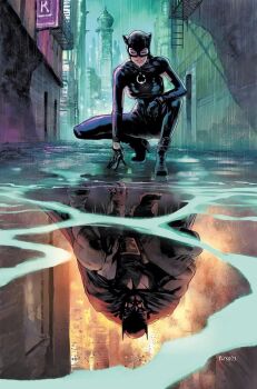 1boy 1girl alley batman batman_(series) black_bodysuit black_boots black_cape black_gloves bodysuit boots cape catwoman dc_comics different_reflection gloves highres reflection selina_kyle signature squatting textless_version tirso_cons water