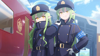 2girls :3 aged_up armband bag belt blue_archive blurry blurry_background building buttons closed_mouth cloud coat commentary_request double-breasted green_hair green_halo halo hamachikichiki hat highlander_railway_academy_logo highres hikari_(blue_archive) holding holding_bag light_blush long_hair long_sidelocks multiple_girls nozomi_(blue_archive) over_shoulder peaked_cap pointy_ears shoulder_bag sidelocks sky train train_conductor twintails very_long_hair whistle window yellow_eyes