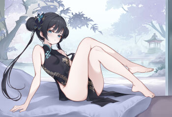 absurdres bare_arms bare_legs barefoot black_dress black_hair black_nails blue_archive blue_eyes breasts butterfly_hair_ornament china_dress chinese_clothes closed_mouth crossed_legs double_bun dragon_print dress floating_hair frown hair_bun hair_ornament highres kisaki_(blue_archive) leaning_back long_hair nail_polish negi_kome outdoors pelvic_curtain print_dress side_slit sitting skin_tight sleeveless sleeveless_dress small_breasts toenail_polish toenails twintails very_long_hair