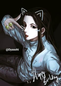 1boy alternate_costume animal_ears black_eyes black_hair black_pants commentary dated english_commentary fake_animal_ears fingernails happy_birthday hunter_x_hunter illumi_zoldyck kjw2609 long_hair long_sleeves looking_at_viewer male_focus pants sharp_fingernails sitting solo tongue tongue_out twitter_username