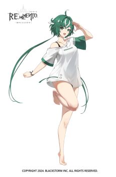 1girl :d absurdres ahoge bare_legs barefoot copyright_name copyright_notice full_body glass_(rememento) green_eyes green_hair hand_up highres jewelry leg_up logo long_hair long_shirt low_twintails multicolored_hair necklace official_art open_mouth rememento:_white_shadow shirt short_sleeves single_bare_shoulder single_off_shoulder smile solo standing standing_on_one_leg strap streaked_hair tachi-e tiptoes twintails very_long_hair white_background white_hair white_shirt