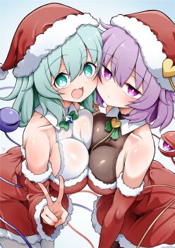 2girls :d alternate_costume bare_shoulders bow breast_press breasts bright_pupils cheek-to-cheek closed_mouth collarbone commentary_request detached_sleeves dress eyeball fur-trimmed_dress fur-trimmed_headwear fur-trimmed_sleeves fur_trim green_bow green_eyes green_hair hat hat_ornament heads_together heart heart_hat_ornament highres holding_hands interlocked_fingers komeiji_koishi komeiji_satori large_breasts log looking_at_viewer medium_hair multiple_girls open_mouth paid_reward_available purple_eyes purple_hair red_dress red_hat red_sleeves santa_costume santa_dress santa_hat scavia10 short_hair siblings signature sisters smile symmetrical_docking third_eye touhou v white_pupils
