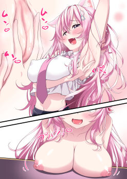 1girl absurdres animal_ear_fluff animal_ears antenna_hair armpits black_skirt blush breasts collared_shirt commentary_request covered_erect_nipples hakui_koyori hakui_koyori_(1st_costume) highres hololive large_breasts long_hair looking_at_viewer navel necktie nipples open_mouth pink_hair pink_necktie purple_eyes pussy shirt skirt sleeveless sleeveless_shirt smile solo spread_armpit very_long_hair virtual_youtuber white_shirt wolf_ears wolf_girl yokojima_kemomi_mi_chuushin