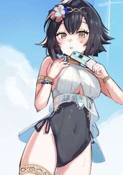 1girl amber_(stella_sora) amber_(swimsuit)_(stella_sora) black_hair blue_sky breasts brown_eyes cellphone cleavage commentary_request covered_navel cowboy_shot day flip_phone flower hair_flower hair_ornament highres holding holding_phone jewelry looking_at_viewer official_alternate_costume one-piece_swimsuit phone sky solokitsune stella_sora sweat swimsuit thighlet underboob white_one-piece_swimsuit