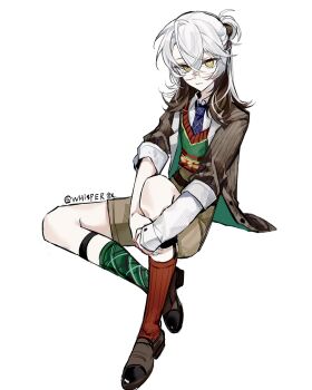 Rule 34 | 1other, androgynous, artist name, asymmetrical legwear, blue necktie, brown footwear, brown hair, brown jacket, brown shorts, closed mouth, collared shirt, colored tips, glasses, green socks, green vest, highres, hugging own legs, jacket, legwear garter, looking at viewer, looking over eyewear, medicine pocket, medicine pocket (the cosmos photographer), medium hair, mismatched legwear, multicolored hair, necktie, official alternate costume, plaid clothes, plaid socks, red socks, red vest, reverse:1999, shirt, shorts, sitting, socks, solo, sweater vest, two-tone vest, vest, whisperxu9290, white background, white hair, white shirt, yellow eyes