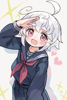 1girl :d ahoge arm_up black_sailor_collar black_serafuku black_shirt black_skirt blush commentary_request cowboy_shot crossed_bangs dot_nose heart highres kibisake long_sleeves looking_at_viewer neckerchief open_mouth original pink_eyes pleated_skirt red_neckerchief romaji_commentary sailor_collar school_uniform serafuku shirt short_hair simple_background skirt smile solo sparkle thick_eyebrows white_background white_hair