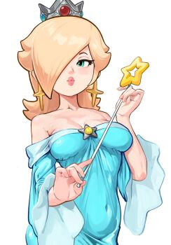 1girl aqua_dress bare_shoulders blonde_hair blue_eyes breasts brooch collarbone covered_navel crown dress earrings hair_over_one_eye highres holding holding_wand jewelry lips long_hair long_sleeves mario_(series) medium_breasts mineru128127 nintendo off-shoulder_dress off_shoulder rosalina silver_crown solo star_(symbol) star_brooch star_earrings star_wand wand wide_sleeves