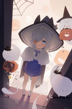 1girl :o absurdres animal_ears azur_lane black_hat black_shoes blue_eyes blue_ribbon blue_skirt child collared_shirt commentary fox_ears fox_girl fox_tail full_body ghost hair_over_one_eye halloween halloween_bucket hat highres kasumi_(azur_lane) kasumi_1118 long_hair looking_at_viewer neck_ribbon one_eye_covered open_mouth ribbon shirt shoes silk skirt sleeves_past_fingers sleeves_past_wrists socks solo spider_web standing symbol-only_commentary tail very_long_hair white_hair white_shirt white_socks witch_hat