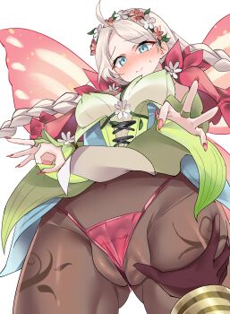 1boy 1girl absurdres ahoge bikini blue_eyes blush bracelet braid breasts brown_pantyhose butterfly_wings cameltoe capelet cleft_of_venus clothes_lift commission commissioner_upload cross-laced_clothes cross-laced_dress deep_skin fairy_wings fingernails fire_emblem fire_emblem_fates fire_emblem_heroes flower flower_bracelet from_below gluteal_fold gradient_clothes groping hair_vines hetero highres insect_wings jewelry kiran_(fire_emblem) leaf_bracelet lifting_own_clothes long_fingernails long_hair looking_at_viewer low_twin_braids male_kiran_(fire_emblem) medium_breasts micro_bikini nail_polish nina_(fire_emblem) nina_(resplendent)_(fire_emblem) nintendo non-web_source official_alternate_costume panties pantyhose parted_bangs pink_capelet pink_flower pink_nails pink_panties pov ragnaveldt shy skirt skirt_lift solo_focus swimsuit thigh_grab transparent_background twin_braids underwear vine_bracelet vine_harness vine_print white_flower wings