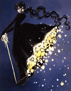 1girl artist_name black_boots black_dress black_hair blue_background boots clothes_lift commentary_request dress floating_hair from_side full_body high_heel_boots high_heels highres kane long_hair looking_at_viewer momonpu_heart original skirt skirt_lift solo