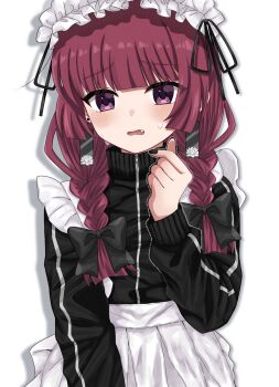 1girl black_bow blunt_bangs blush bocchi_the_rock! bow commentary_request fang fingernails highres hiroi_kikuri long_hair maid marumaruru open_mouth purple_eyes solo