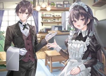 1boy 1girl apron black_dress black_hair brother_and_sister dress hand_up indoors kuze_masachika long_hair long_sleeves looking_at_viewer maid maid_apron maid_headdress momoko_(momopoco) novel_illustration official_art open_mouth siblings smile suou_yuki tokidoki_bosotto_roshia-go_de_dereru_tonari_no_alya-san white_apron