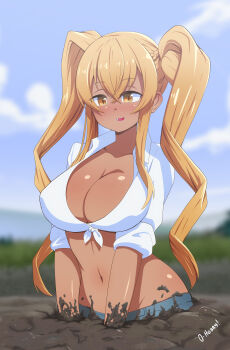 1girl 2020 absurdres blonde_hair blush breasts brown_eyes cleavage eyebrows eyelashes gyaru highres large_breasts long_hair midriff mud navel open_mouth oppaihobby partially_submerged quicksand shirt sinking solo stuck sunohara_nana sunoharasou_no_kanrinin-san tied_shirt twintails