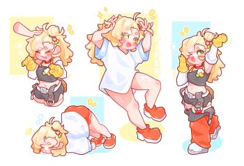 Rule 34 | 1girl, 1other, alternate costume, arm up, armpits, arms up, asymmetrical bangs, blonde hair, blush, breasts, bubble, bunching hair, cargo pants, character name, closed eyes, colored shadow, crop top, cropped legs, detached pants, detached sleeves, disembodied hand, earrings, full body, gloves, gloves over sleeves, green eyes, grey shorts, hair bun, hair tie, hand to own mouth, jewelry, long hair, multiple views, navel, one eye closed, open mouth, orange pants, orange shoes, orange shorts, orcavice, pants, piper wheel, pouch, shadow, shapes background, shirt, shoes, short sleeves, shorts, side hair bun, single hair bun, sleeping, small breasts, sparkle, standing, thick eyebrows, top-down bottom-up, white background, white shirt, white shoes, yawning, yellow gloves, zenless zone zero