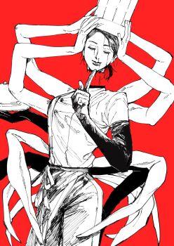 1girl apron arthropod_limbs black_apron black_hair blood blood_drip blood_from_mouth bloody_tears breasts chainsaw_man chef chef_hat closed_eyes commentary_request disembodied_head elbow_gloves extra_arms falling_devil_(chainsaw_man) flat_top_chef_hat gloves greyscale_with_colored_background hat highres holding holding_detached_head kanikuri767 long_arms monochrome nosebleed pointing pointing_up red_background serving_dome severed_head short_hair solo tray waist_apron