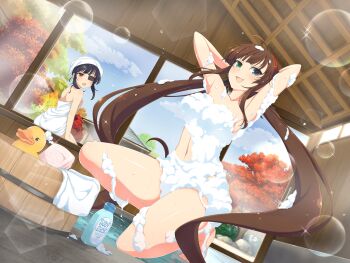 2girls :o ahoge arm_support armpits arms_behind_head ass autumn bar_soap bathhouse bathing black_hair black_ribbon blue_eyes blue_sky blush bottle breast_padding breasts brown_hair bucket cloud collarbone completely_nude convenient_censoring day dot_nose dutch_angle eyepatch flat_chest game_cg green_eyes hair_ribbon hairband heavy_lens_flare heterochromia lens_flare linea_alba long_hair looking_back low_twintails mirai_(senran_kagura) mitsudomoe_(shape) multiple_girls naked_towel navel non-circular_lens_flare nude official_art open_mouth red_eyes red_hairband ribbon rubber_duck ryoubi_(senran_kagura) same-sex_bathing senran_kagura senran_kagura_new_link shared_bathing sidelocks sitting sky soap_bubbles soap_censor sparkle tomoe_(symbol) towel towel_on_head tree twintails very_long_hair wet window wooden_bucket yaegashi_nan