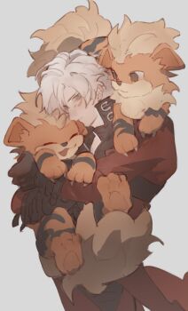 Rule 34 | 1boy, arcanine, bishounen, blue eyes, coat, dante (devil may cry), devil may cry, devil may cry (series), devil may cry 2, ens104, gen 1 pokemon, gloves, highres, holding, jacket, long hair, male focus, nintendo, pokemon, red coat, solo, white hair