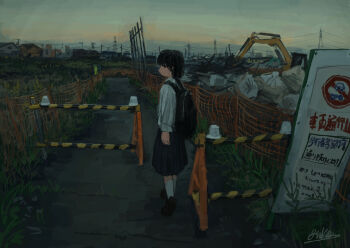 1girl absurdres anko1127 arm_at_side backpack bag black_bag black_hair black_shoes black_skirt building closed_mouth commentary_request construction_site dot_mouth excavator fence from_side grass highres long_sleeves medium_skirt original outdoors path pleated_skirt power_lines profile road road_sign scenery school_uniform shirt shoes short_hair sideways_glance sideways_mouth sign signature skirt socks solo standing traffic_barrier twilight walking white_shirt white_socks wide_shot