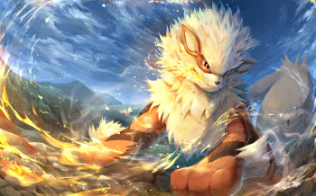 animal_focus arcanine blue_sky closed_mouth cloud commentary_request ekaki_panda fangs fire gen_1_pokemon highres nintendo no_humans orange_fur outdoors pokemon pokemon_(creature) pokemon_focus sky tail