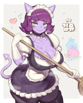 1boy 2girls alternate_breast_size_(larger) alternate_costume animal_ears animification annoyed black_boots boots breasts broom cat_ears cat_tail cleavage clenched_hand colored_skin commentary commission cowboy_shot curvy demon_tail detached_collar domaguri dot_nose dress earrings english_commentary eyeshadow female_focus fishnets flipped_hair frilled_dress frills glass gloves gradient_background green_eyes half-closed_eyes hand_on_own_hip highres holding holding_broom huge_filesize jewelry juliet_sleeves korean_text large_breasts logo long_sleeves maid_headdress makeup medium_hair multiple_girls narrow_waist nervous_smile puffy_sleeves purple_eyeshadow purple_lips purple_skin rabbit_boy rabbit_girl saranoia scowl smile solo tail thick_thighs thighs title trash white_gloves yang_(yin_yang_yo!) yin_(yin_yang_yo!) yin_yang_yo!