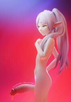 1futa 3d artist_name bare_arms bare_hips bare_legs bare_shoulders blender_(medium) blender_(object) blurry colorful completely_nude depth_of_field elf english_text erection frieren from_side futanari glowing glowing_eyes green_eyes highres large_penis long_hair looking_at_viewer nipples nude oiled penis pointy_ears pov puffy_male_chest puffy_nipples realkansen shiny_skin smile smug solo sousou_no_frieren testicles topless_female twintails white_hair