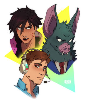 1girl 2boys absurdres artist_name black_hair blood blood_on_face brown_hair dispatch face_piercing facial_hair freckles furry furry_male hair_between_eyes headset highres inuisdrawing invisigal_(dispatch) looking_at_viewer multiple_boys necktie nose_piercing nose_ring piercing robert_robertson short_hair sonar_(dispatch) stubble