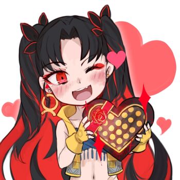 Rule 34 | 1girl, bandeau, bare shoulders, black hair, blue bandeau, blush, box, chibi, cropped vest, discat, earrings, eyeliner, fate/grand order, fate (series), fingerless gloves, gift, gift box, gloves, hair ribbon, heart, heart-shaped box, hoop earrings, ishtar (fate), jewelry, long hair, looking at viewer, makeup, multicolored hair, navel, parted bangs, red eyes, red hair, ribbon, smile, space ishtar (fate), space ishtar (second ascension) (fate), tiara, two-tone hair, two side up, vest, yellow gloves, yellow vest
