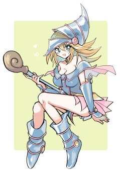 1girl :d absurdres bare_shoulders blonde_hair blue_boots blue_dress blue_hat blush_stickers boots breasts cleavage dark_magician_girl dress duel_monster full_body green_eyes hair_between_eyes hat heart highres holding holding_staff long_hair looking_at_viewer nataro_1116 open_mouth pink_skirt simple_background skirt smile solo staff wizard_hat yu-gi-oh!