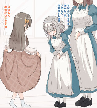 3girls aged_down apron aqua_dress black_shoes blush bowing brown_hair commentary_request curtsey dark_skin dress eyes_out_of_frame gakuen_idolmaster grey_hair hairband head_out_of_frame highres hiwatari_kanae idolmaster juliet_sleeves kuramoto_china long_sleeves maid maid_apron multiple_girls own_hands_together puffy_sleeves raichita shirt shoes skirt_hold socks straight_hair translation_request white_apron white_hairband white_shirt white_socks
