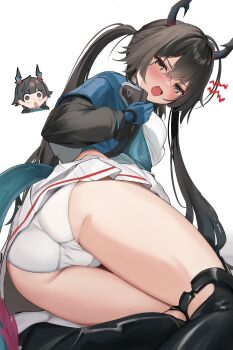 Rule 34 | 1girl, absurdres, arknights, arknights: endfield, ass, black boots, black hair, blue gloves, blush, boots, breasts, brown eyes, chen qianyu (arknights), commentary, dairiseki, dragon girl, dragon horns, gloves, highres, horns, large breasts, long hair, long sleeves, looking at viewer, no tail, open mouth, panties, puffy long sleeves, puffy sleeves, revision, skirt, solo, symbol-only commentary, twintails, underwear, white background, white panties, white skirt